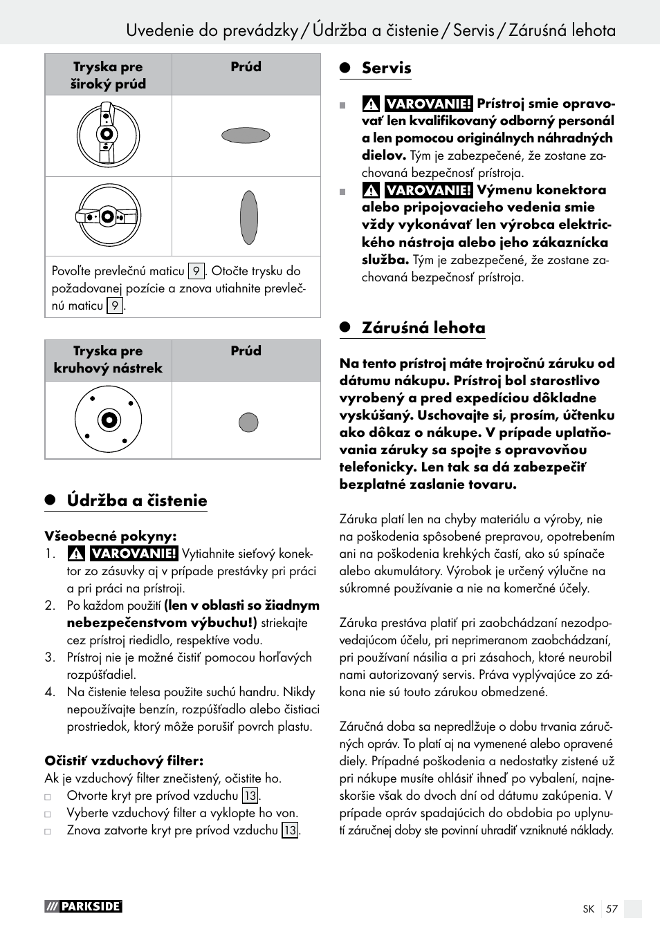 Údržba a čistenie, Servis, Záruśná lehota | Parkside PFS 280 A1 User Manual | Page 57 / 68