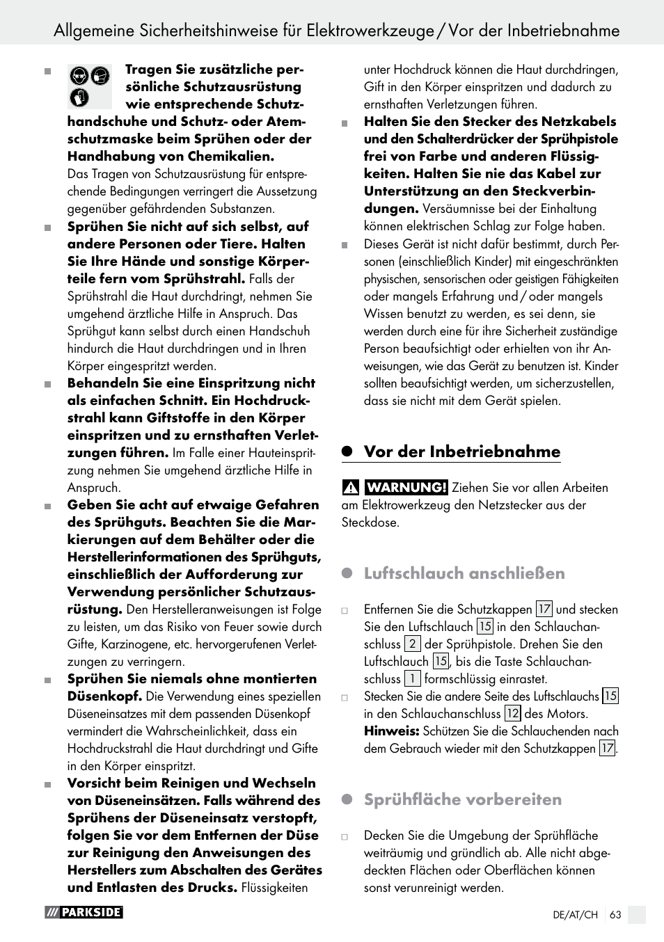 Vor der inbetriebnahme, Luftschlauch anschließen, Sprühfläche vorbereiten | Parkside PFS 280 A1 User Manual | Page 63 / 68