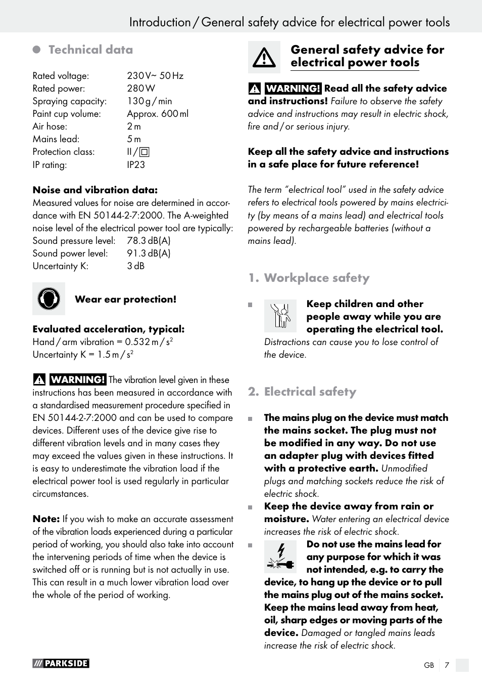 Technical data, General safety advice for electrical power tools, Workplace safety | Electrical safety | Parkside PFS 280 A1 User Manual | Page 7 / 68
