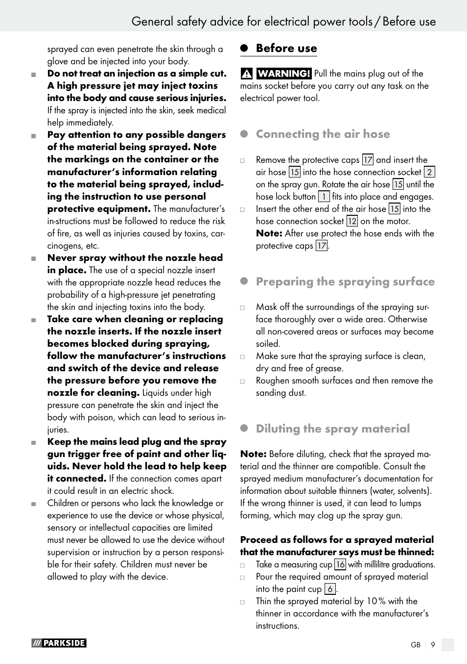 Before use, Connecting the air hose, Preparing the spraying surface | Diluting the spray material | Parkside PFS 280 A1 User Manual | Page 9 / 68