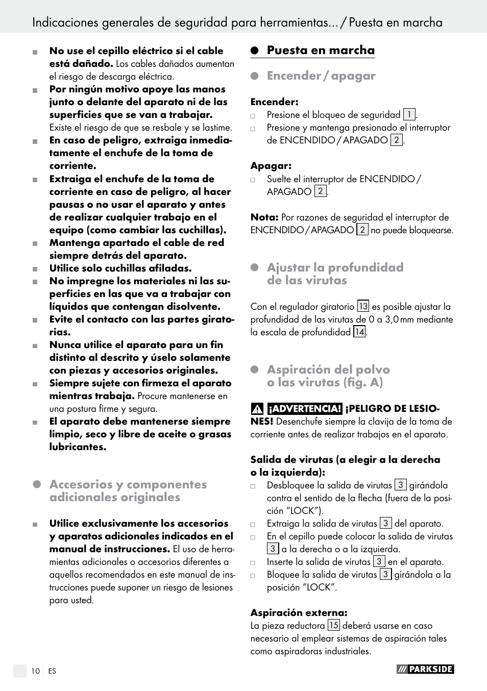 Accesorios y componentes adicionales originales, Puesta en marcha, Encender / apagar | Ajustar la profundidad de las virutas, Aspiración del polvo o las virutas (fig. a) | Parkside PEH 30 A1 User Manual | Page 10 / 55