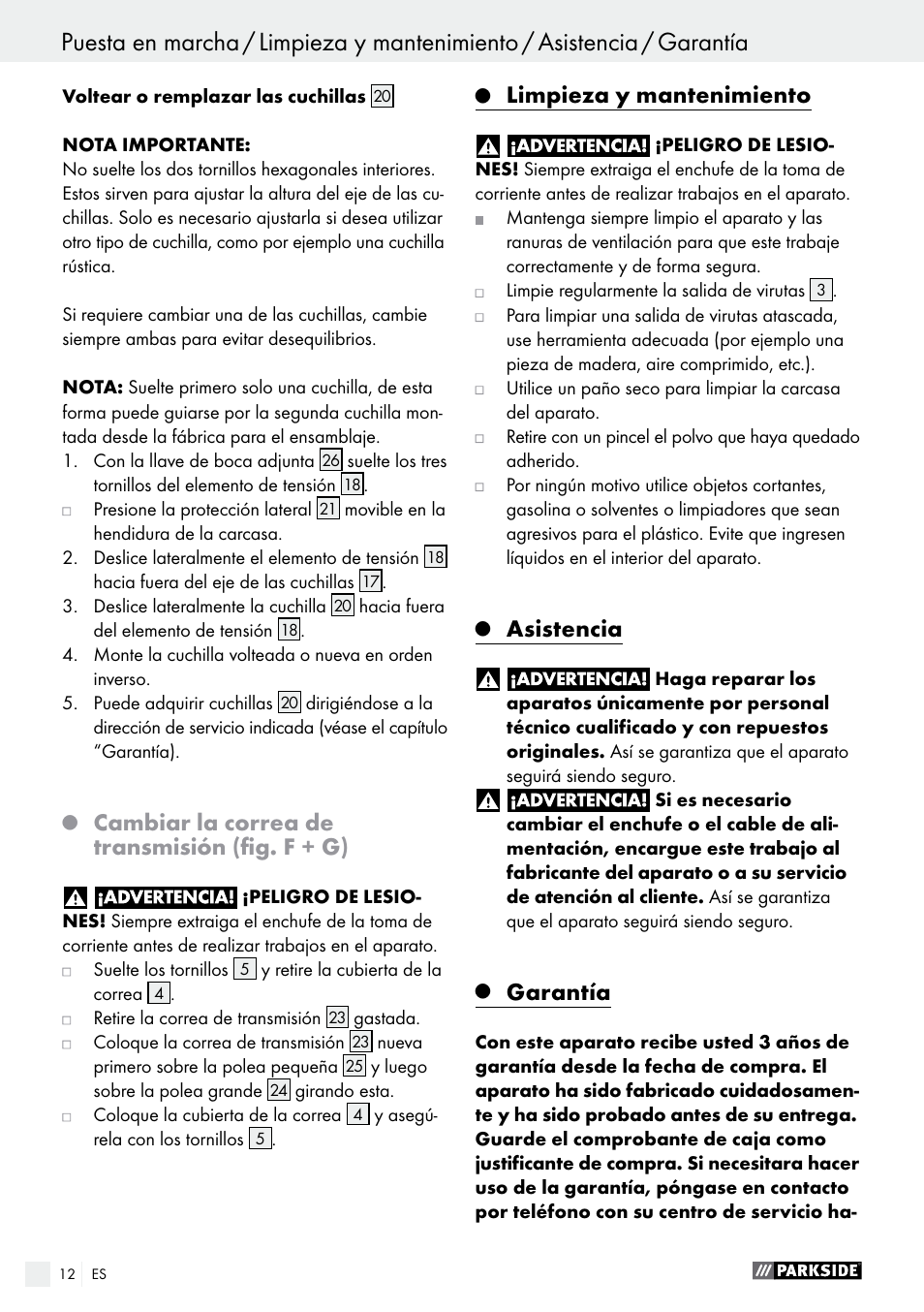 Cambiar la correa de transmisión (fig. f + g), Limpieza y mantenimiento, Asistencia | Garantía | Parkside PEH 30 A1 User Manual | Page 12 / 55