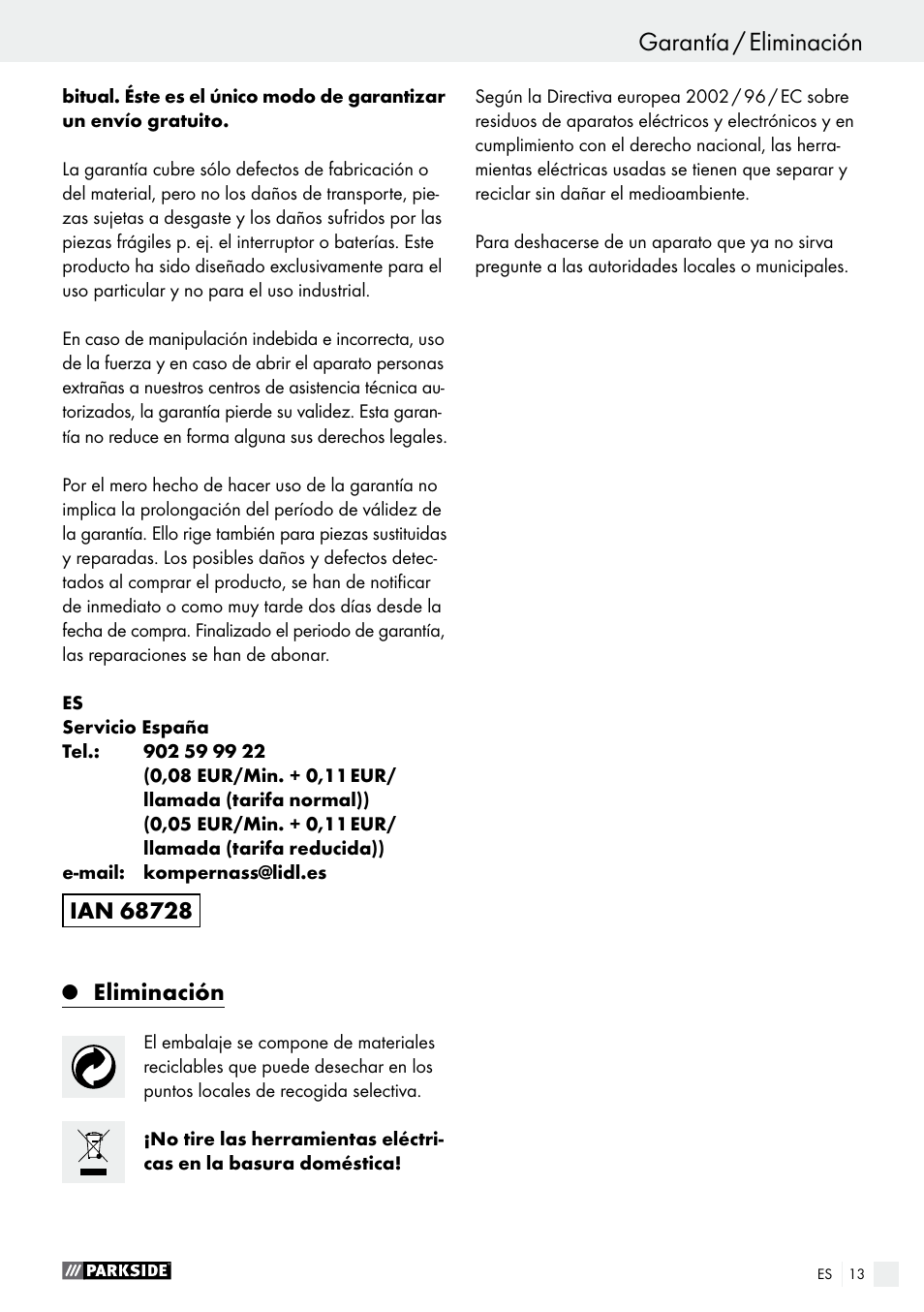 Garantía / eliminación, Eliminación | Parkside PEH 30 A1 User Manual | Page 13 / 55