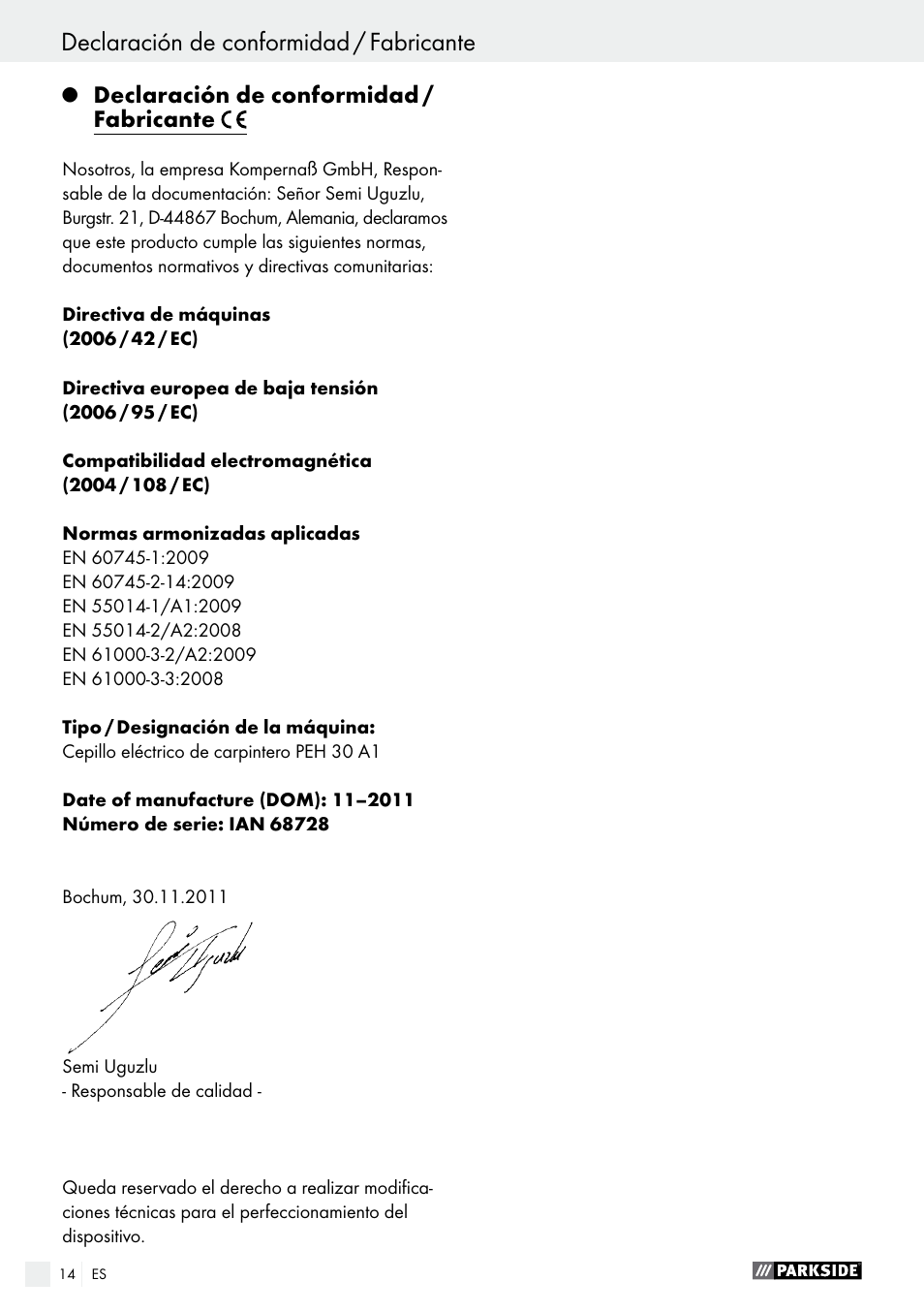 Declaración de conformidad / fabricante, Indice | Parkside PEH 30 A1 User Manual | Page 14 / 55