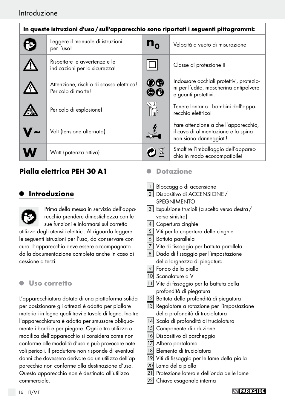 Pialla elettrica peh 30 a1, Introduzione, Uso corretto | Dotazione | Parkside PEH 30 A1 User Manual | Page 16 / 55