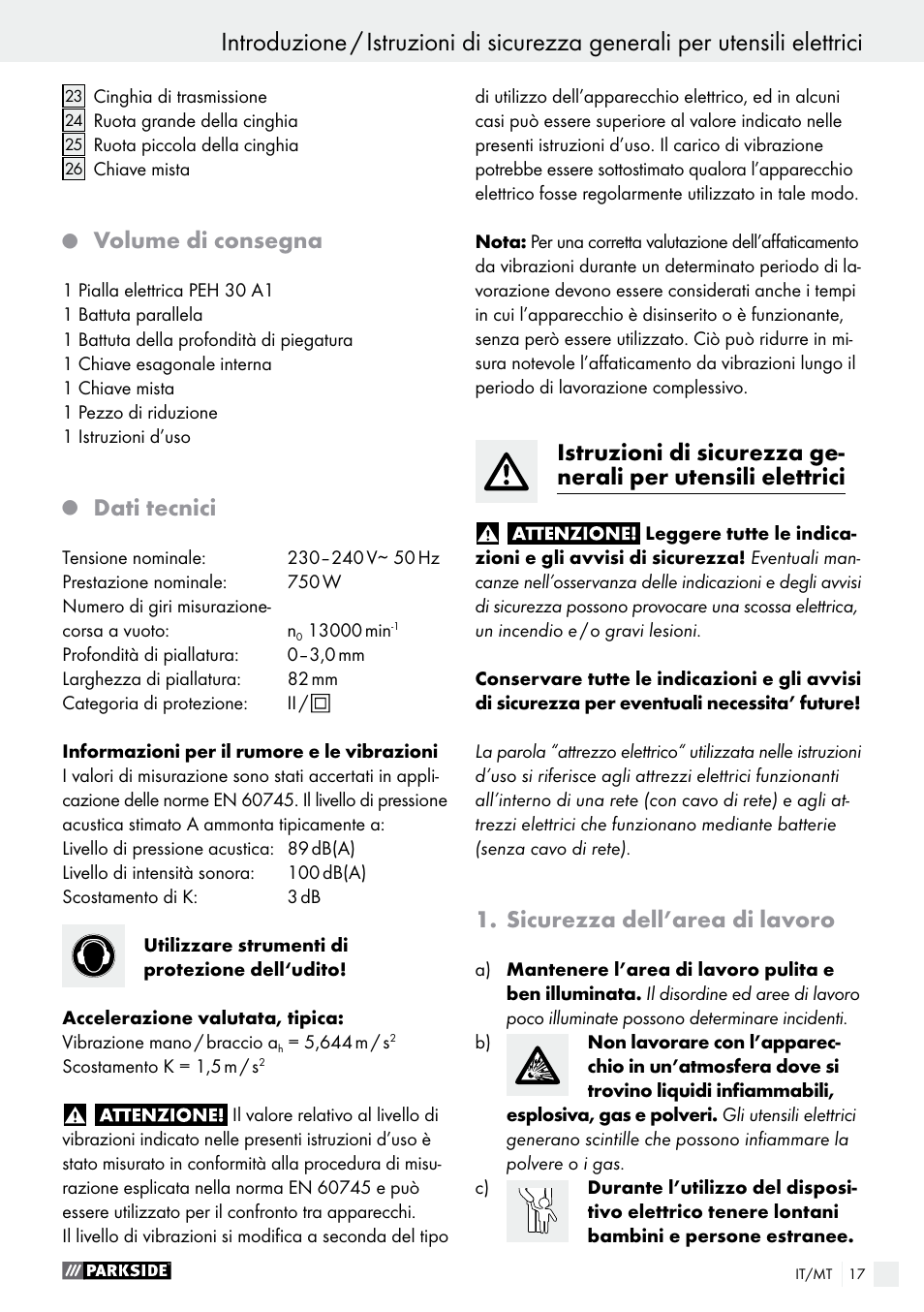 Volume di consegna, Dati tecnici, Sicurezza dell’area di lavoro | Parkside PEH 30 A1 User Manual | Page 17 / 55
