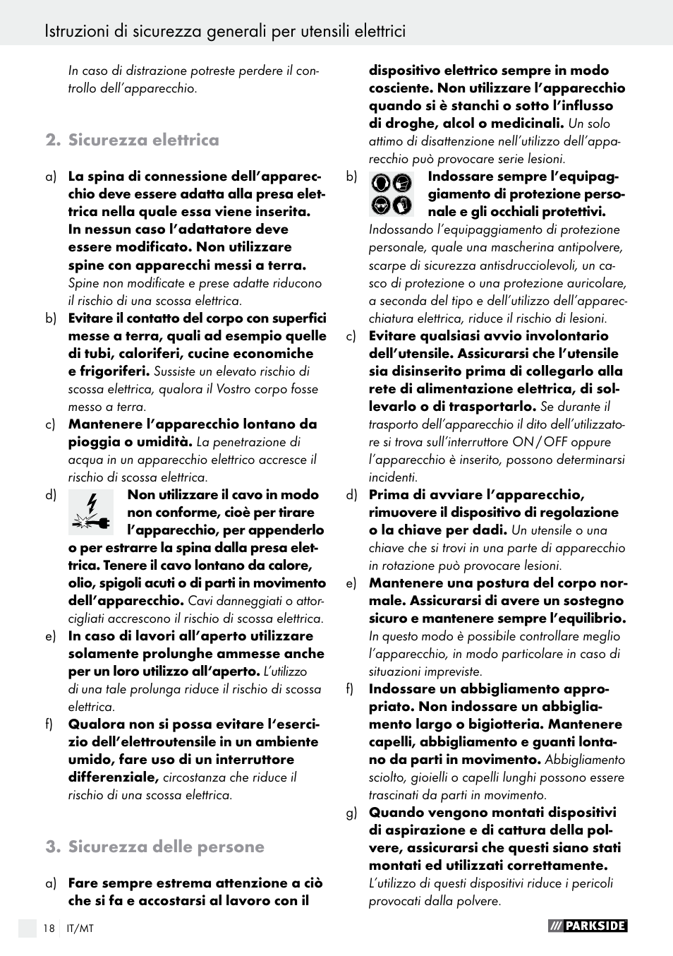 Sicurezza elettrica, Sicurezza delle persone | Parkside PEH 30 A1 User Manual | Page 18 / 55