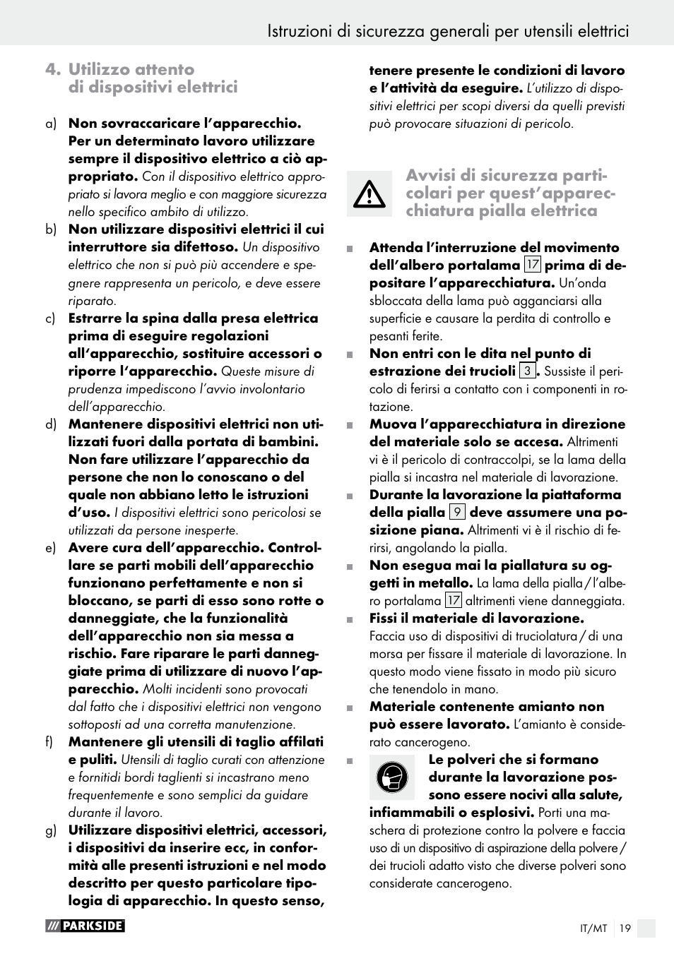 Utilizzo attento di dispositivi elettrici | Parkside PEH 30 A1 User Manual | Page 19 / 55