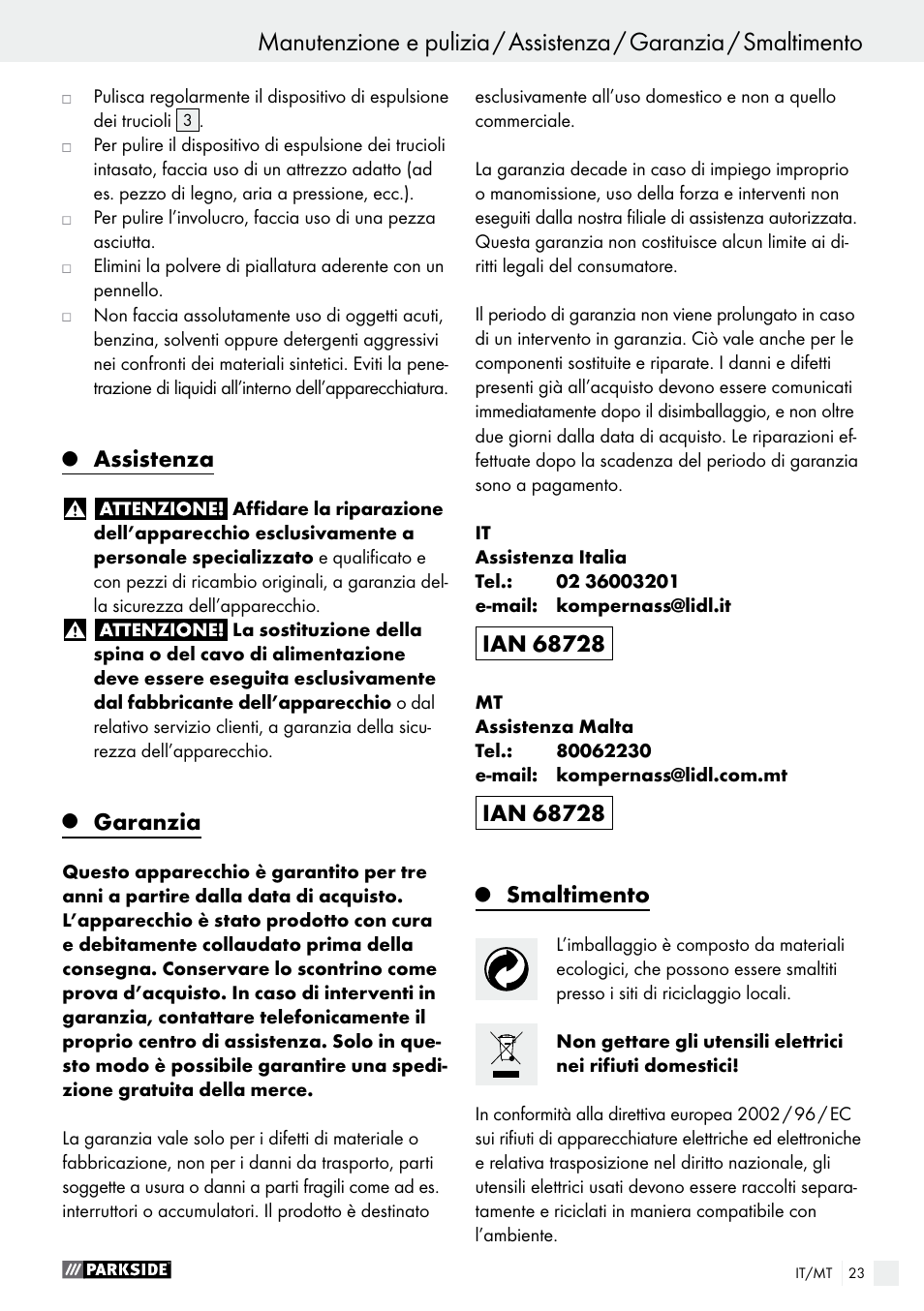 Assistenza, Garanzia, Smaltimento | Parkside PEH 30 A1 User Manual | Page 23 / 55