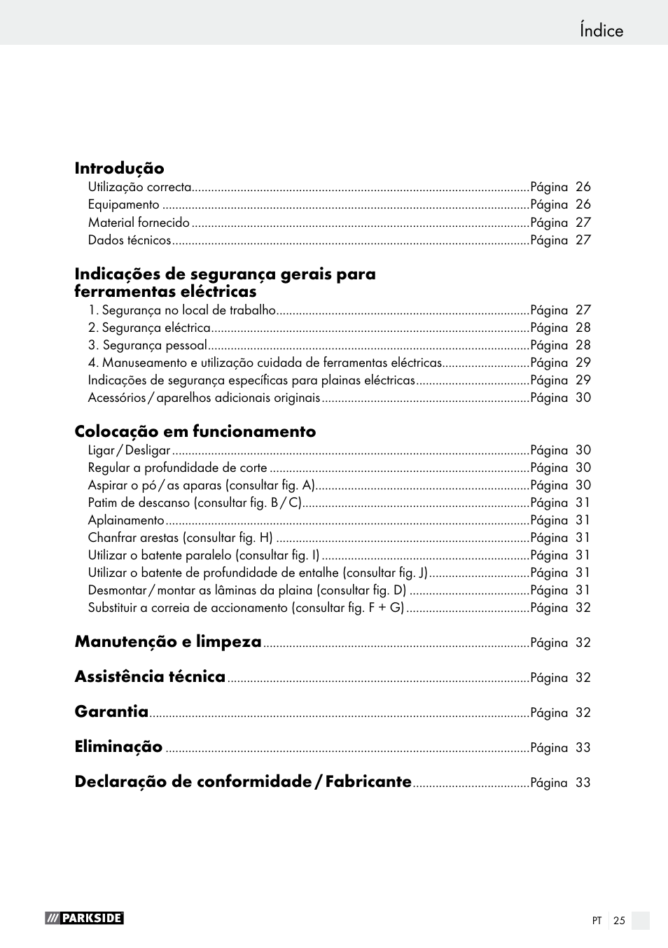 Índice | Parkside PEH 30 A1 User Manual | Page 25 / 55