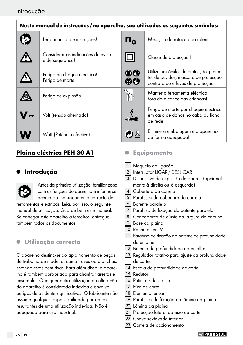 Plaina eléctrica peh 30 a1, Introdução, Utilização correcta | Equipamento | Parkside PEH 30 A1 User Manual | Page 26 / 55