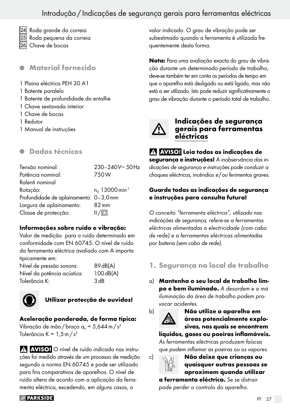 Material fornecido, Dados técnicos, Segurança no local de trabalho | Parkside PEH 30 A1 User Manual | Page 27 / 55