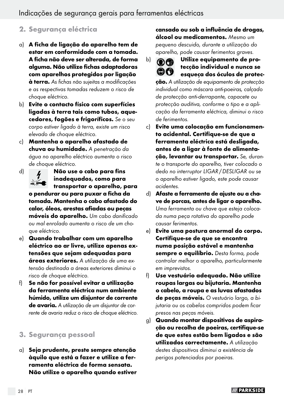Segurança eléctrica, Segurança pessoal | Parkside PEH 30 A1 User Manual | Page 28 / 55