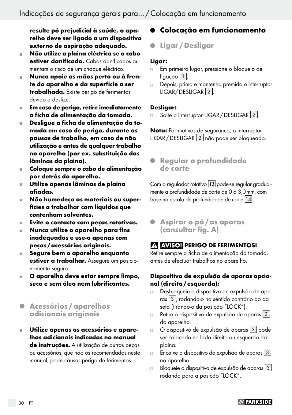 Acessórios / aparelhos adicionais originais, Colocação em funcionamento, Ligar / desligar | Regular a profundidade de corte, Aspirar o pó / as aparas (consultar fig. a) | Parkside PEH 30 A1 User Manual | Page 30 / 55
