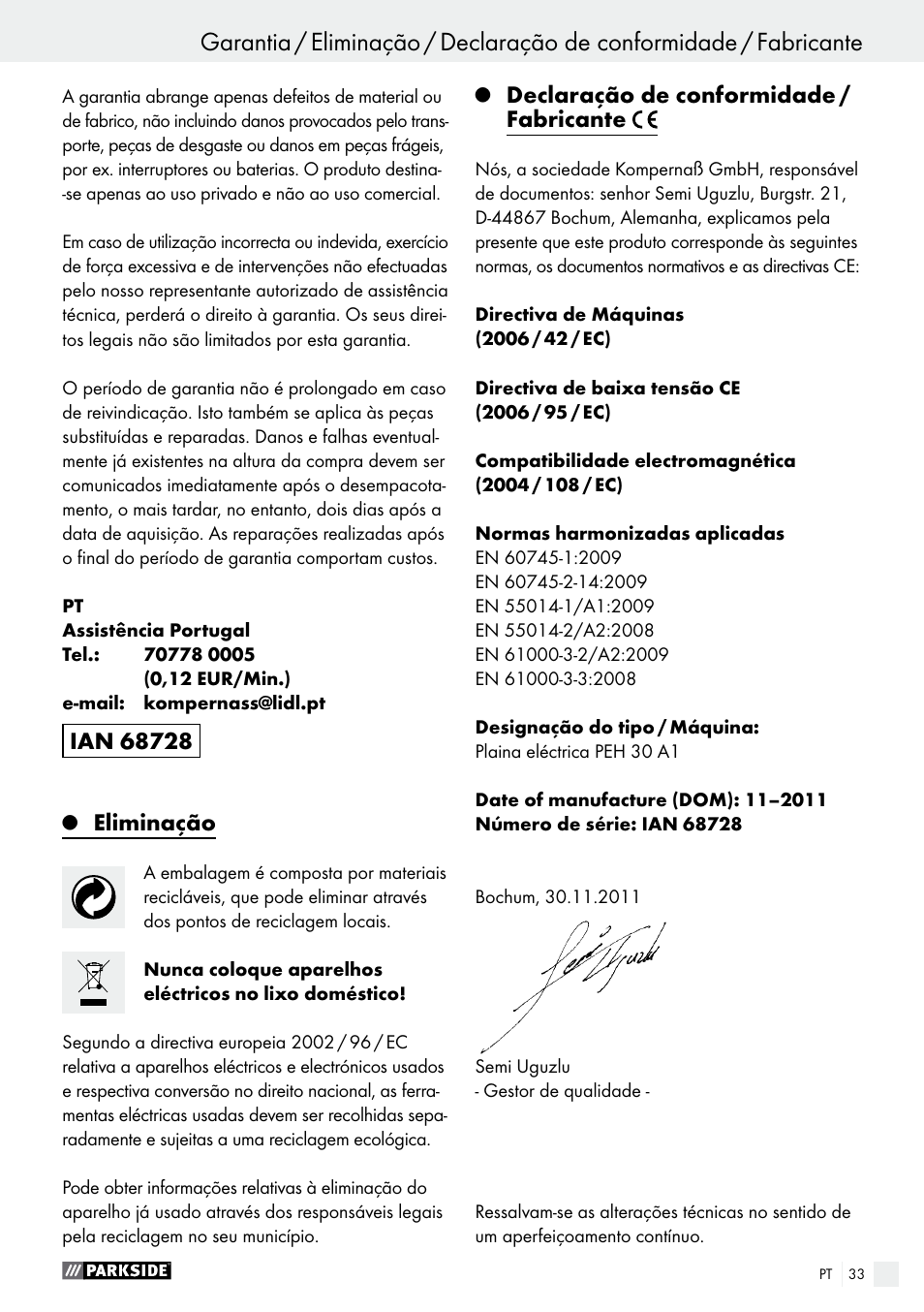 Eliminação, Declaração de conformidade / fabricante | Parkside PEH 30 A1 User Manual | Page 33 / 55