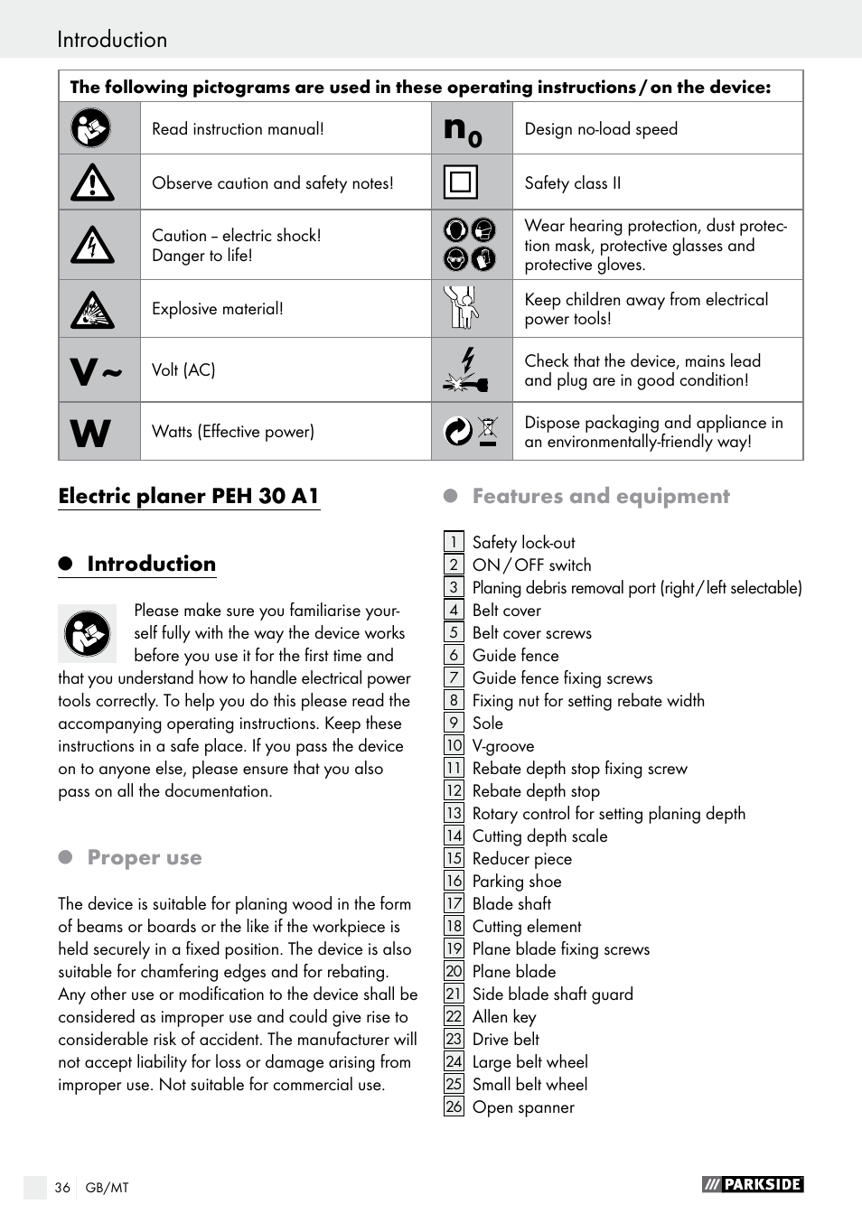 Electric planer peh 30 a1, Introduction, Proper use | Features and equipment | Parkside PEH 30 A1 User Manual | Page 36 / 55