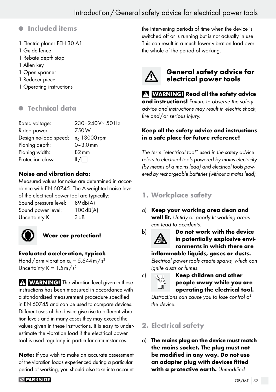 Included items, Technical data, General safety advice for electrical power tools | Workplace safety, Electrical safety | Parkside PEH 30 A1 User Manual | Page 37 / 55