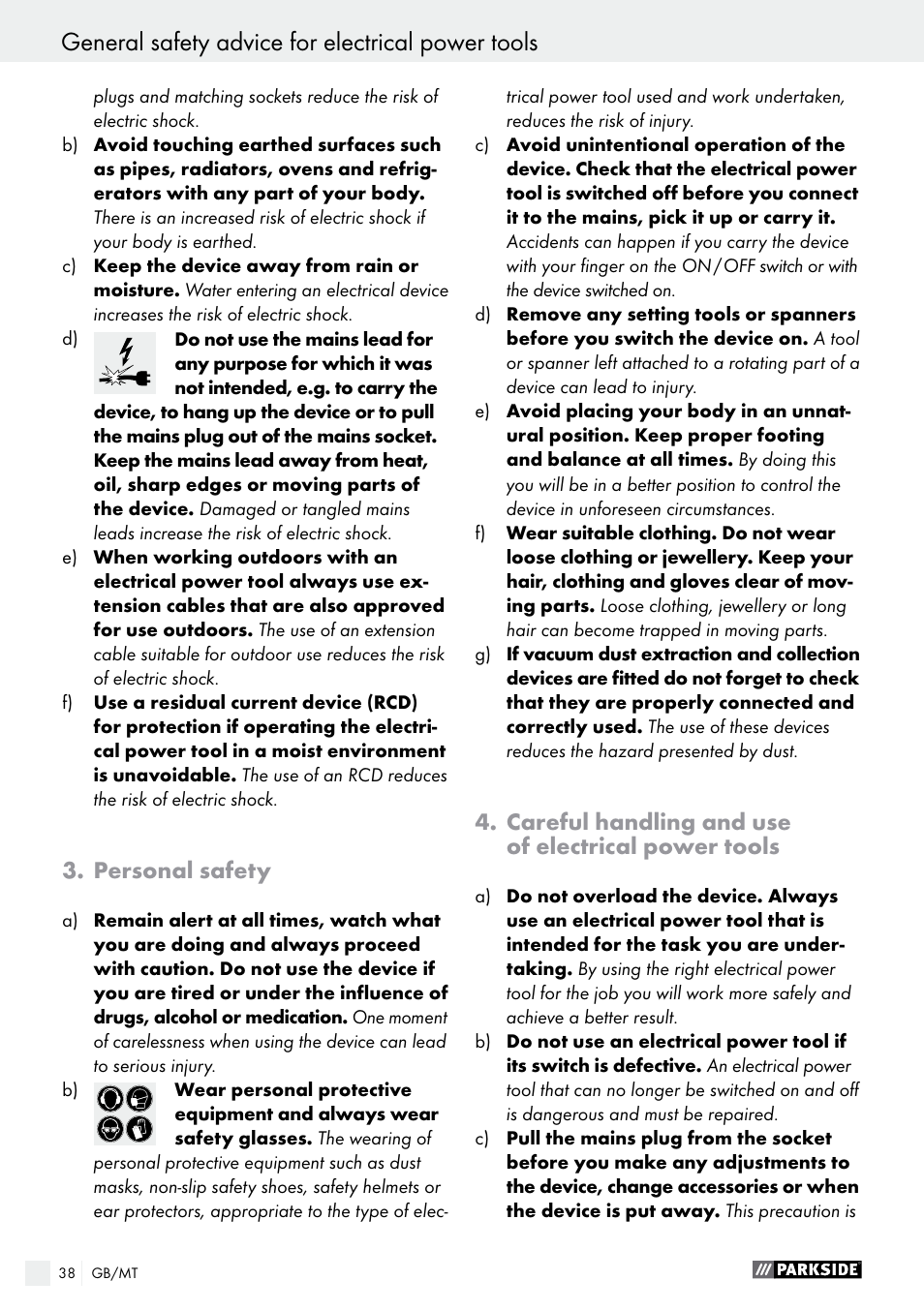 General safety advice for electrical power tools, Personal safety, Careful handling and use of electrical power tools | Parkside PEH 30 A1 User Manual | Page 38 / 55