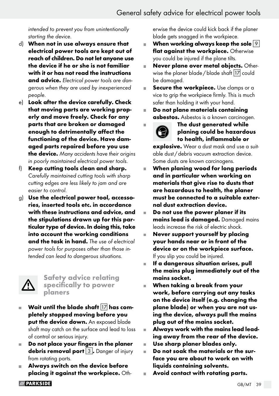 General safety advice for electrical power tools | Parkside PEH 30 A1 User Manual | Page 39 / 55