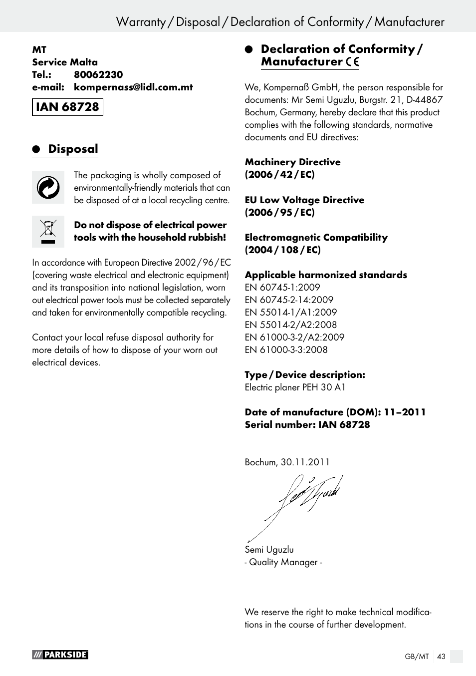 Disposal, Declaration of conformity / manufacturer | Parkside PEH 30 A1 User Manual | Page 43 / 55