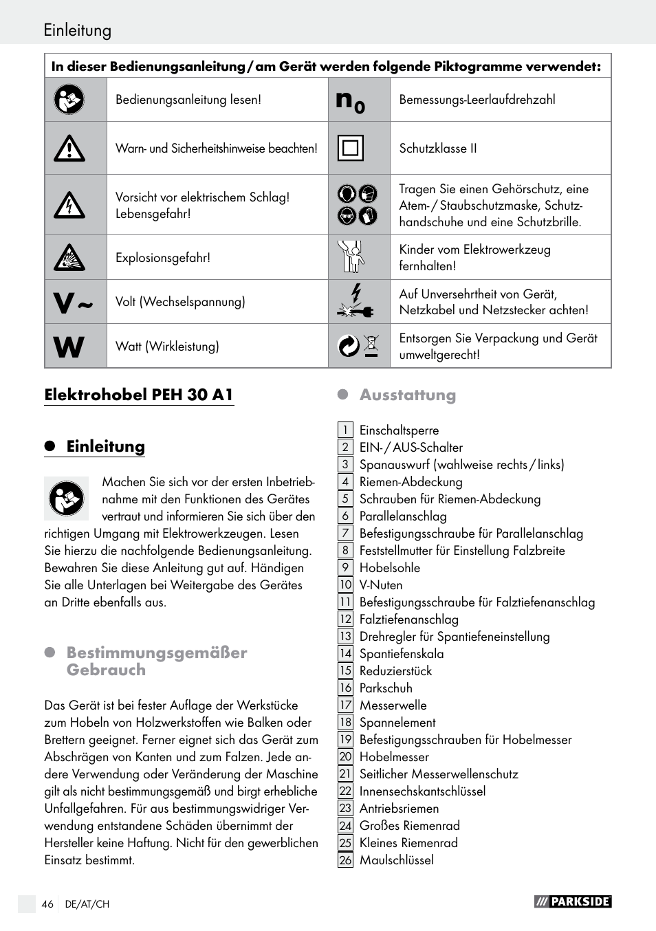 Elektrohobel peh 30 a1 einleitung, Bestimmungsgemäßer gebrauch, Ausstattung | Parkside PEH 30 A1 User Manual | Page 46 / 55