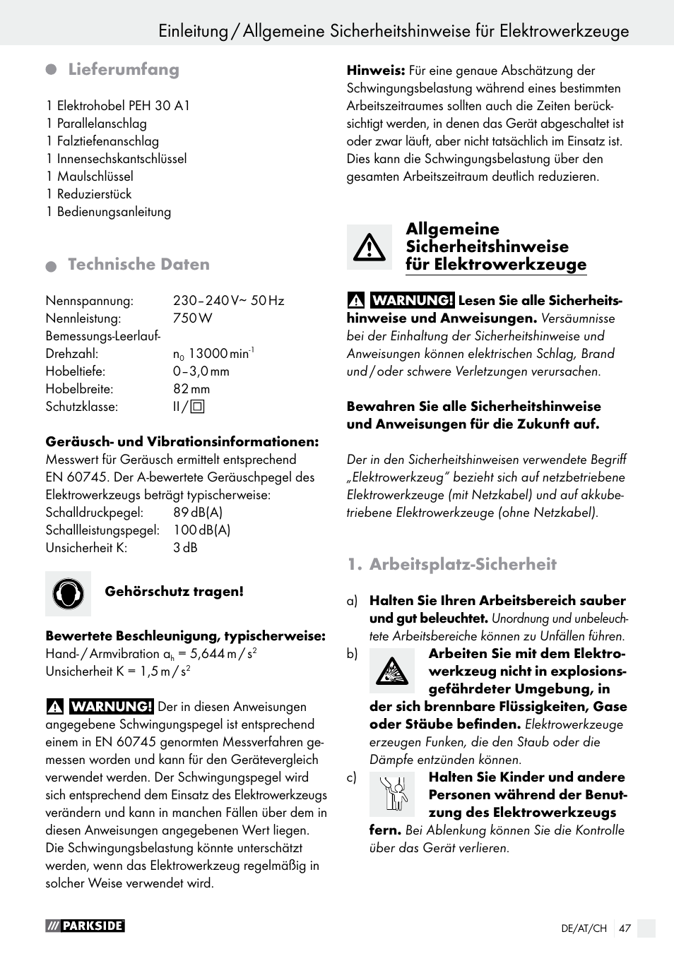 Lieferumfang, Technische daten, Arbeitsplatz-sicherheit | Parkside PEH 30 A1 User Manual | Page 47 / 55