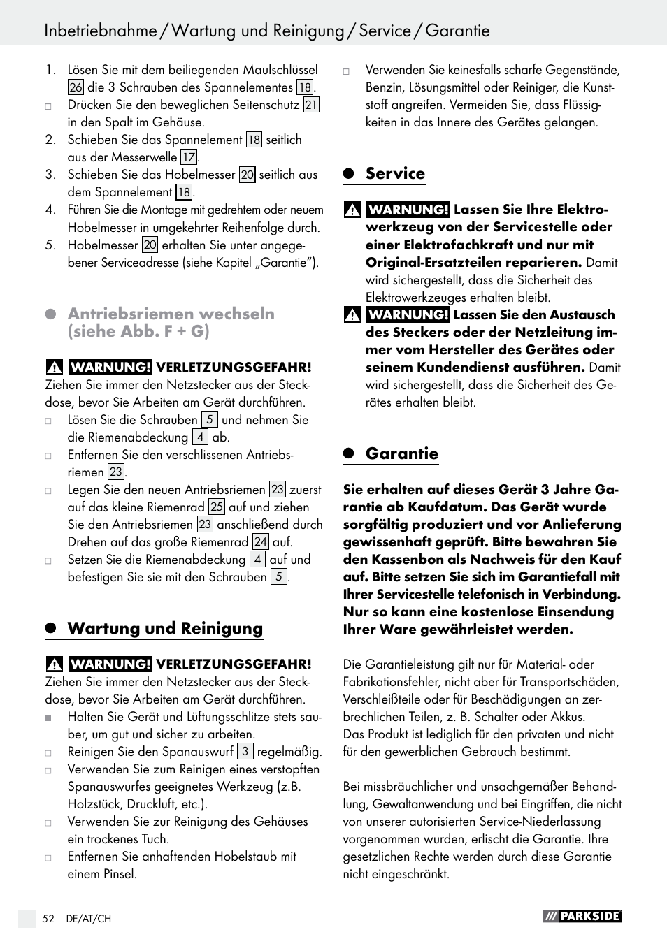 Antriebsriemen wechseln (siehe abb. f + g), Wartung und reinigung, Service | Garantie | Parkside PEH 30 A1 User Manual | Page 52 / 55