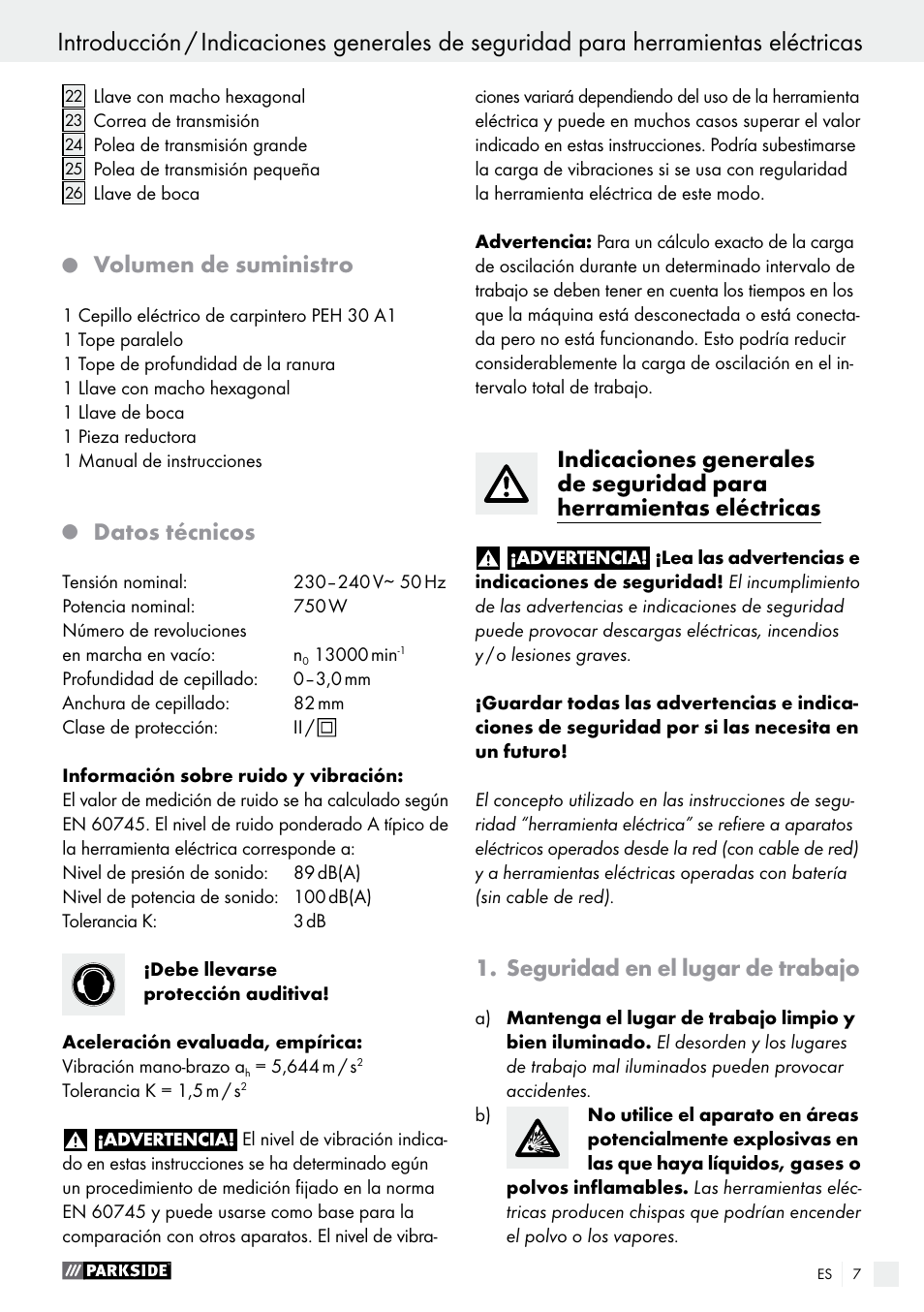 Volumen de suministro, Datos técnicos, Seguridad en el lugar de trabajo | Parkside PEH 30 A1 User Manual | Page 7 / 55