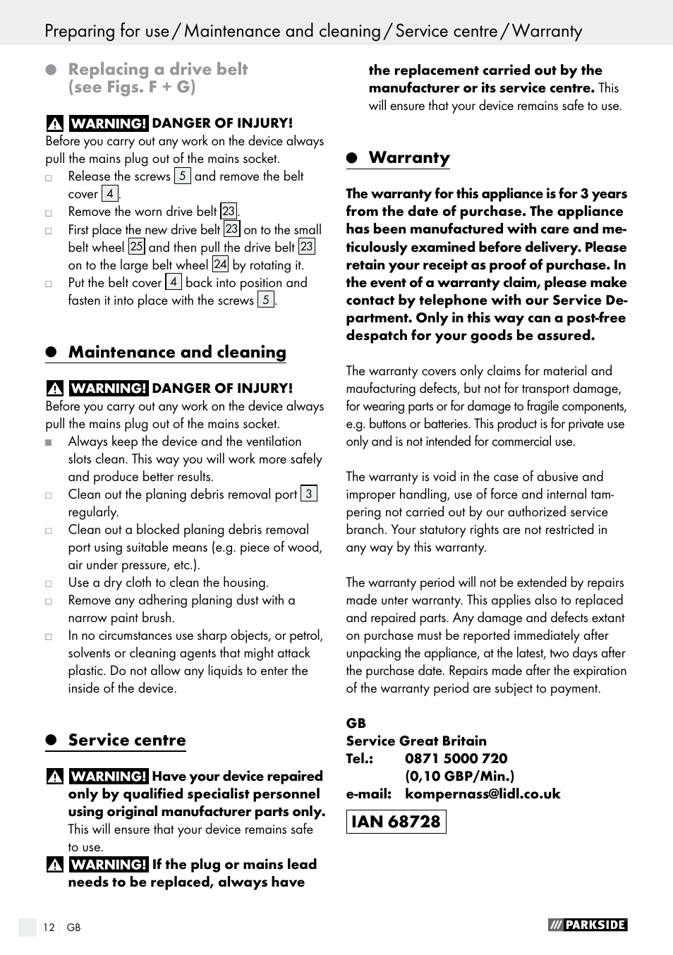 Replacing a drive belt (see figs. f + g), Maintenance and cleaning, Service centre | Warranty | Parkside PEH 30 A1 User Manual | Page 12 / 75