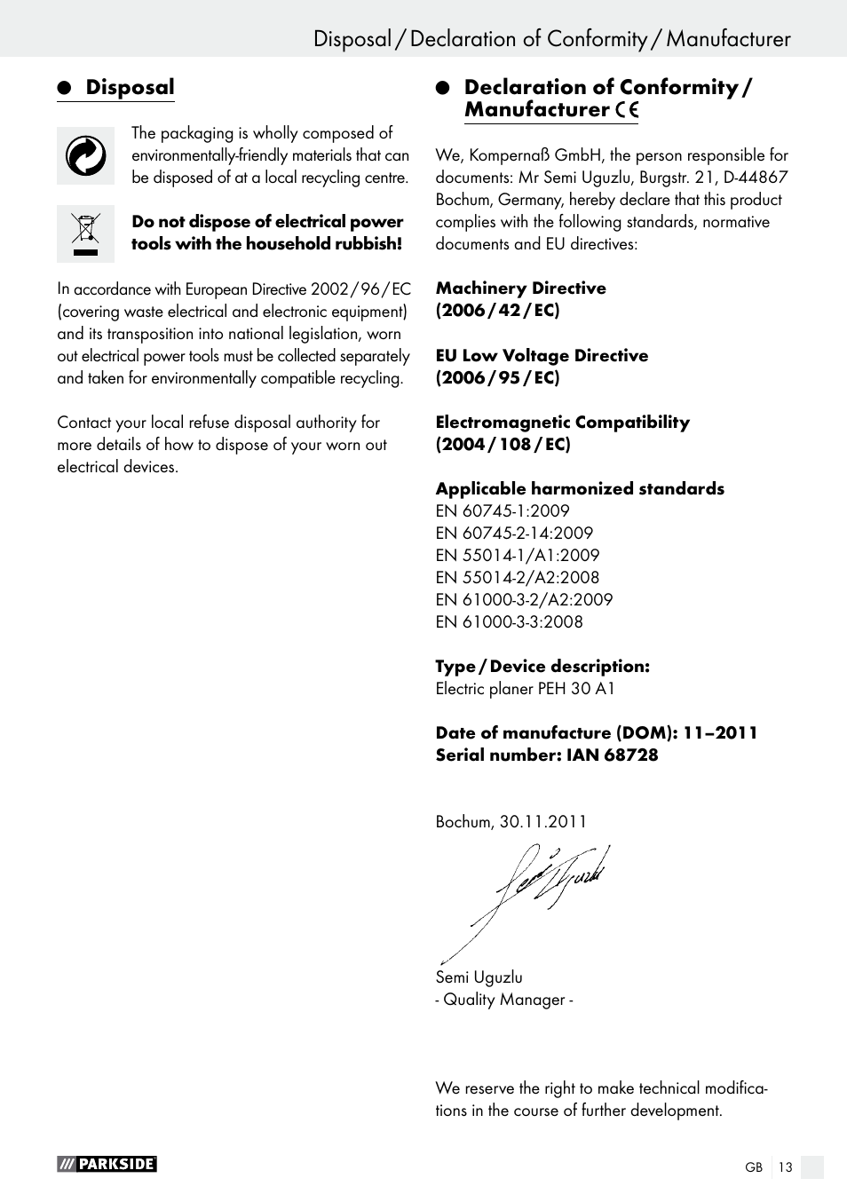 Disposal, Declaration of conformity / manufacturer | Parkside PEH 30 A1 User Manual | Page 13 / 75
