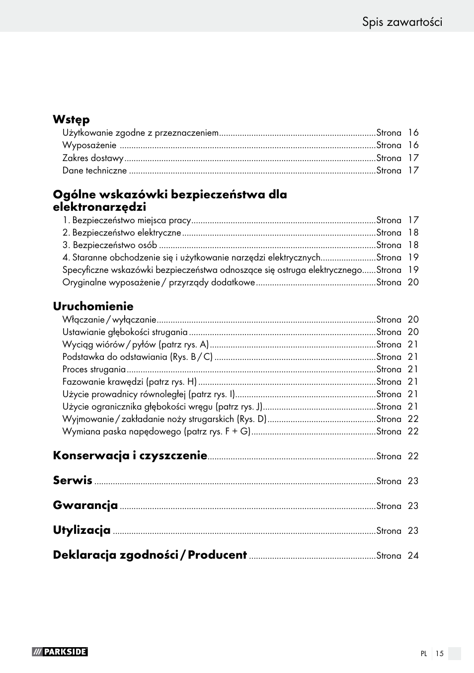 Spis zawartości | Parkside PEH 30 A1 User Manual | Page 15 / 75
