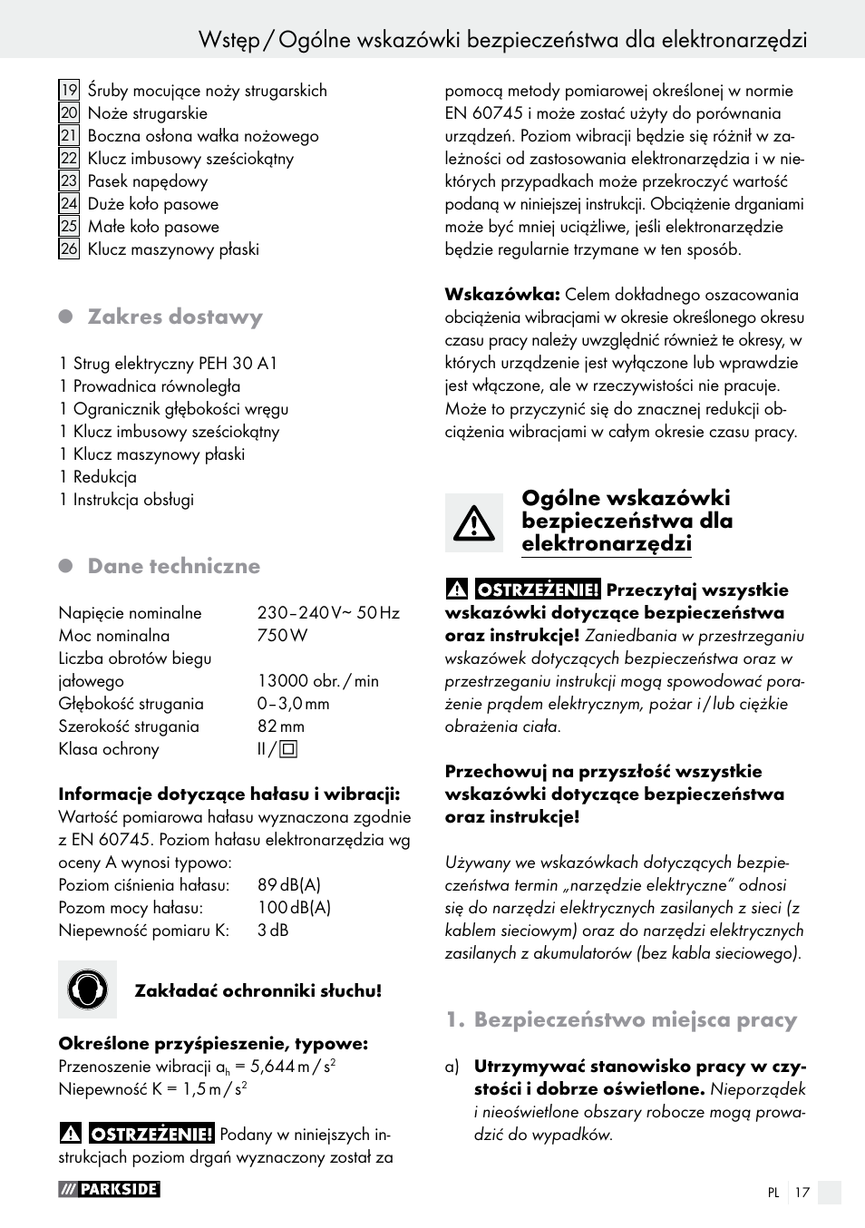 Wstęp, Zakres dostawy, Dane techniczne | Bezpieczeństwo miejsca pracy | Parkside PEH 30 A1 User Manual | Page 17 / 75