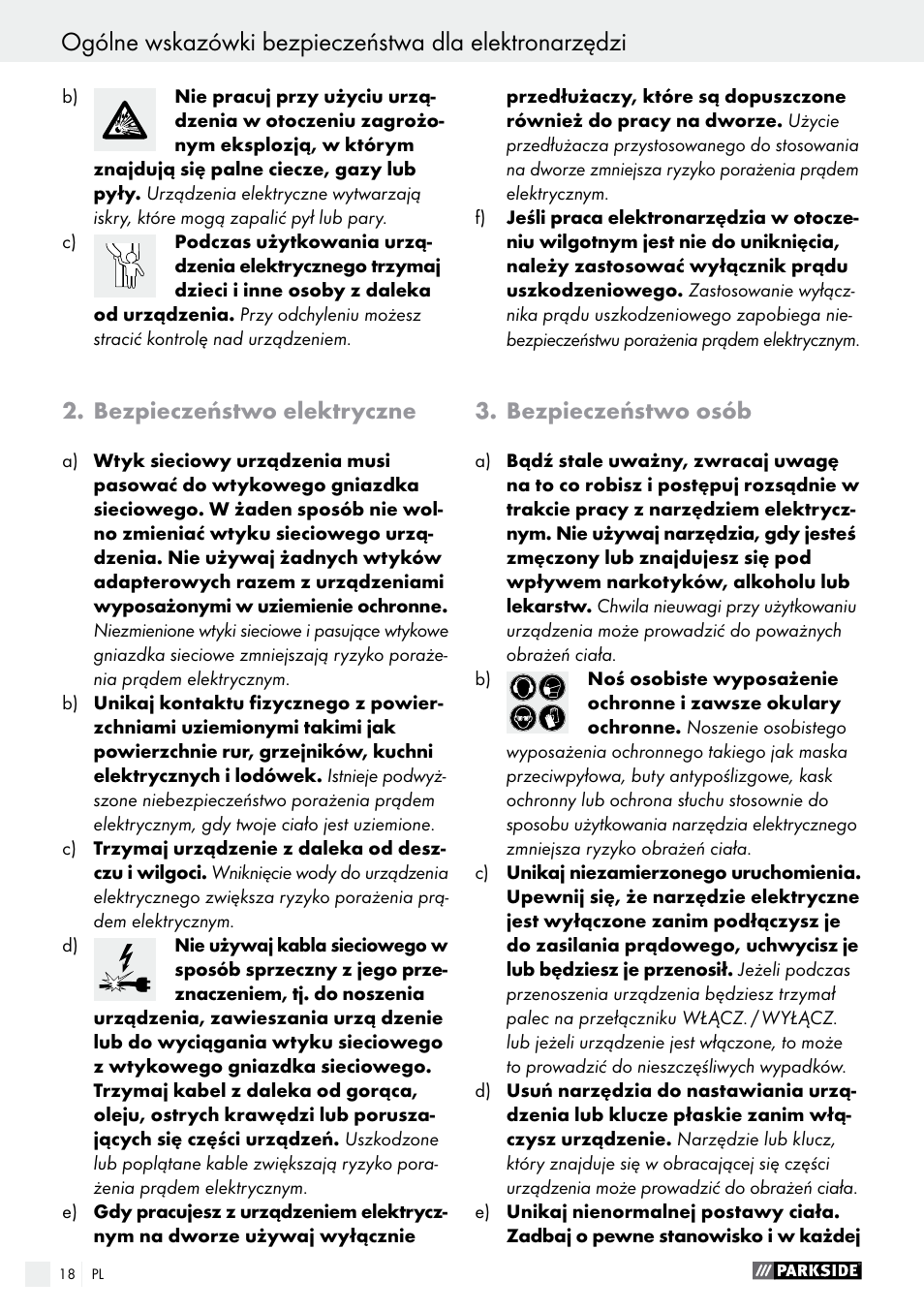 Bezpieczeństwo elektryczne, Bezpieczeństwo osób | Parkside PEH 30 A1 User Manual | Page 18 / 75