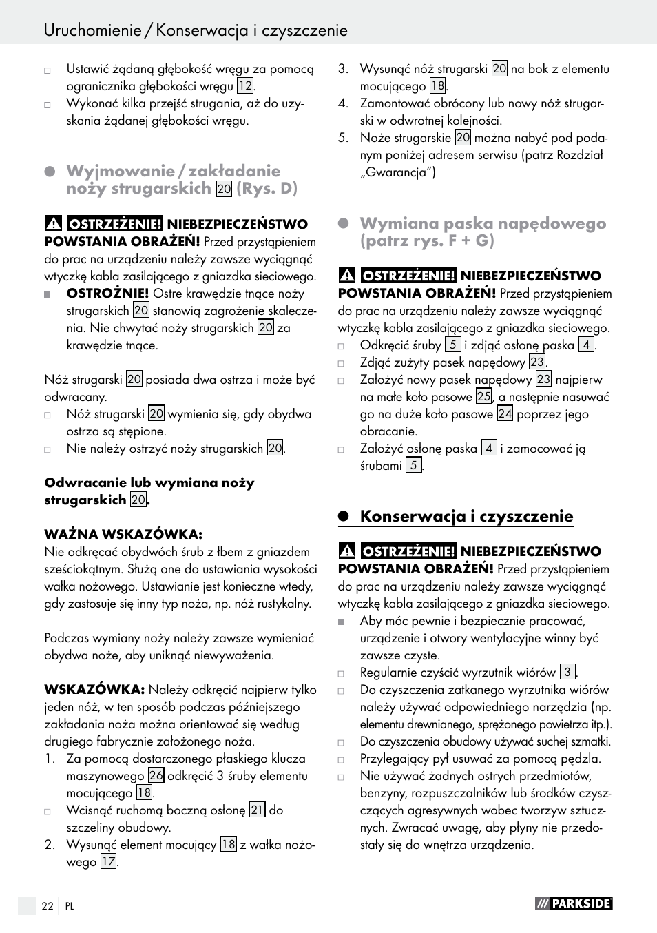 Wyjmowanie / zakładanie noży strugarskich, Rys. d), Wymiana paska napędowego (patrz rys. f + g) | Konserwacja i czyszczenie | Parkside PEH 30 A1 User Manual | Page 22 / 75