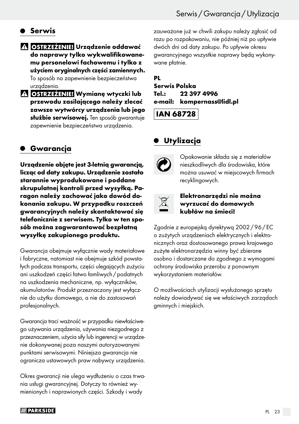 Serwis / gwarancja / utylizacja, Uruchomienie / konserwacja i czyszczenie, Serwis | Gwarancja, Utylizacja | Parkside PEH 30 A1 User Manual | Page 23 / 75