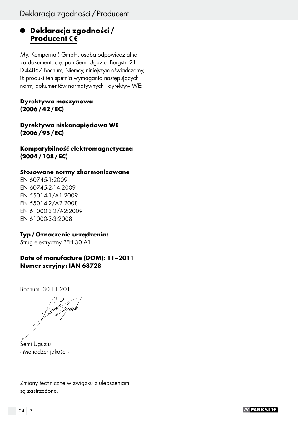 Tartalomjegyzék deklaracja zgodności / producent | Parkside PEH 30 A1 User Manual | Page 24 / 75