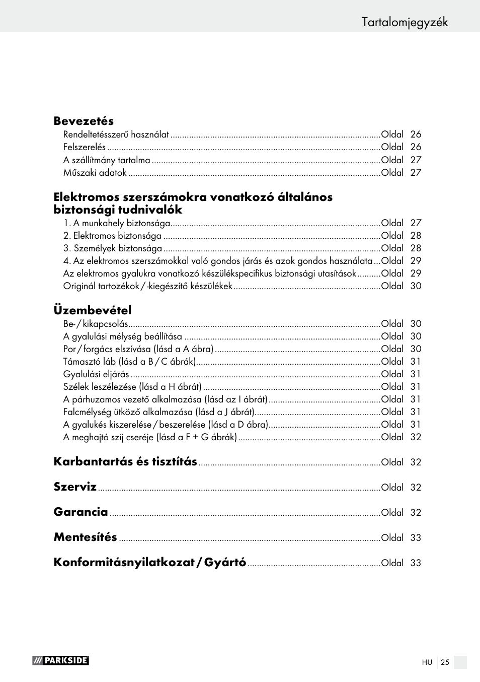 Tartalomjegyzék, Deklaracja zgodności / producent | Parkside PEH 30 A1 User Manual | Page 25 / 75