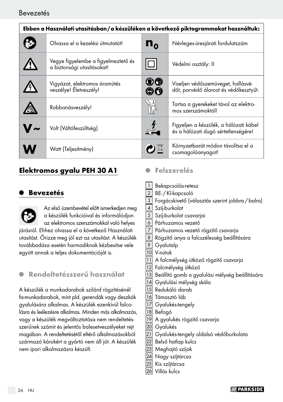 Elektromos gyalu peh 30 a1, Bevezetés, Rendeltetésszerű használat | Felszerelés | Parkside PEH 30 A1 User Manual | Page 26 / 75