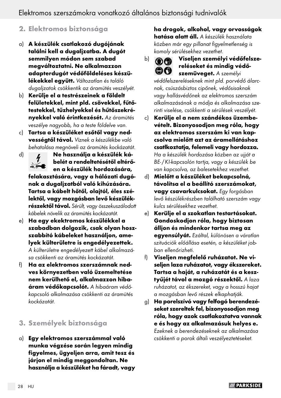Elektromos biztonsága, Személyek biztonsága | Parkside PEH 30 A1 User Manual | Page 28 / 75