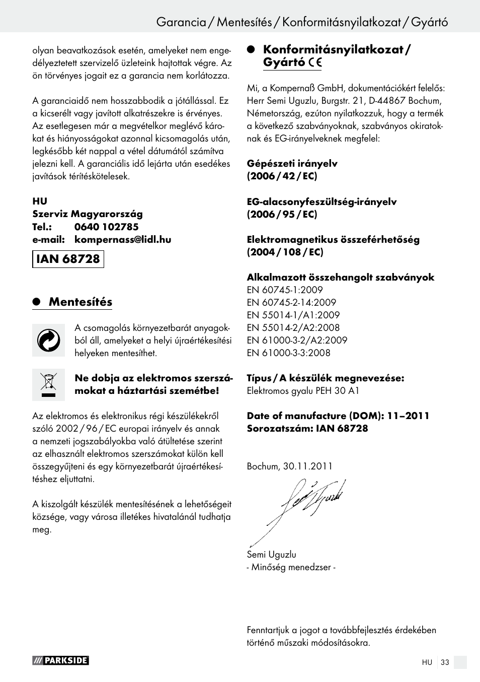 Mentesítés, Konformitásnyilatkozat / gyártó | Parkside PEH 30 A1 User Manual | Page 33 / 75