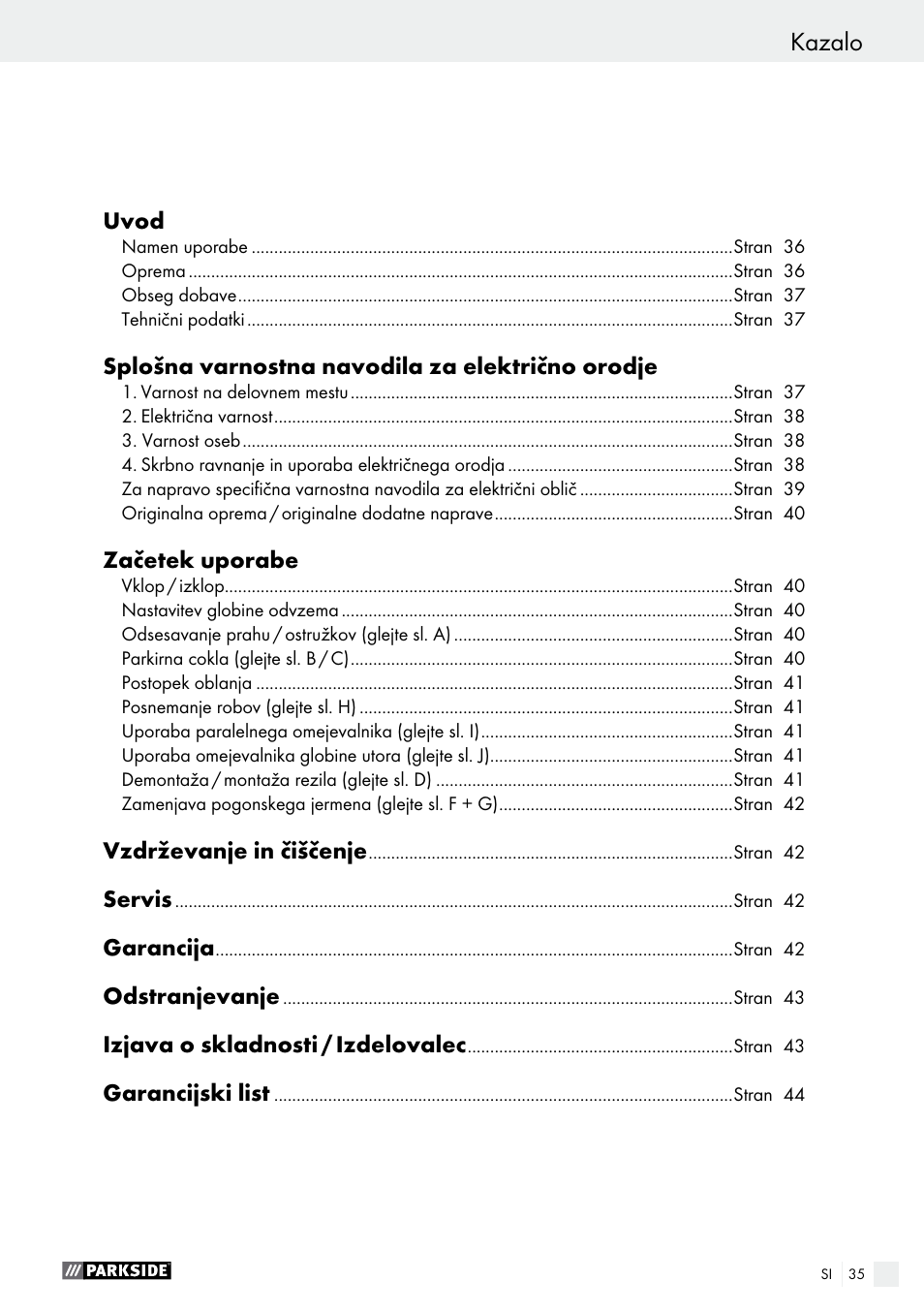 Kazalo | Parkside PEH 30 A1 User Manual | Page 35 / 75