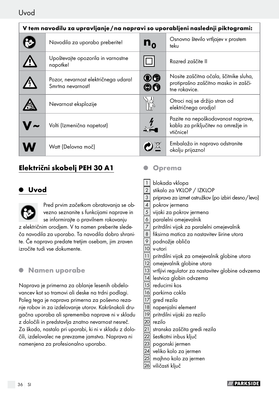 Električni skobelj peh 30 a1, Uvod, Namen uporabe | Oprema | Parkside PEH 30 A1 User Manual | Page 36 / 75
