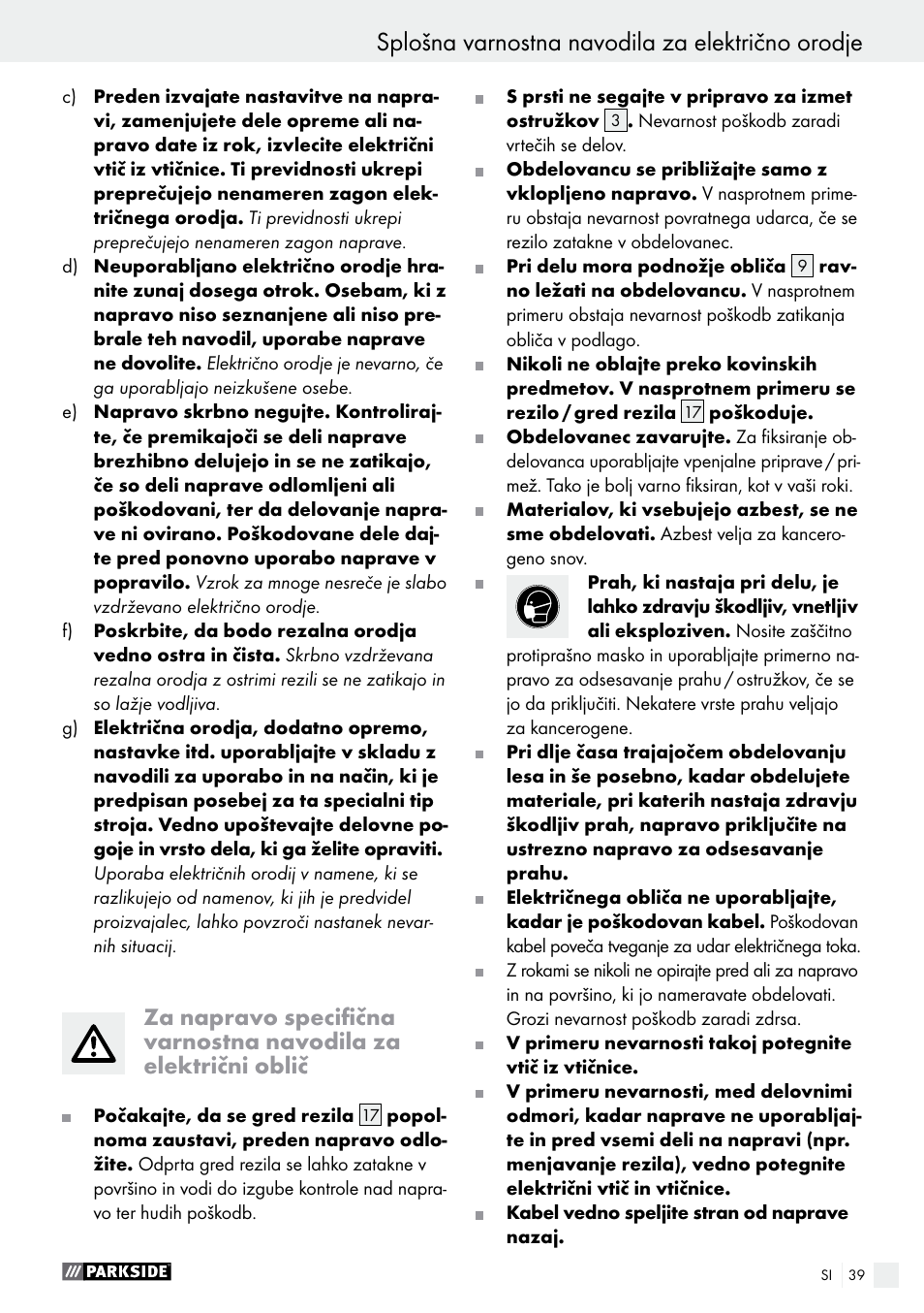 Splošna varnostna navodila za električno orodje | Parkside PEH 30 A1 User Manual | Page 39 / 75
