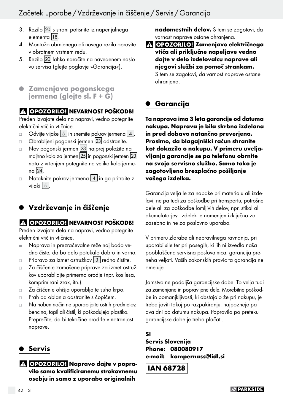 Zamenjava pogonskega jermena (glejte sl. f + g), Vzdrževanje in čiščenje, Servis | Garancija | Parkside PEH 30 A1 User Manual | Page 42 / 75