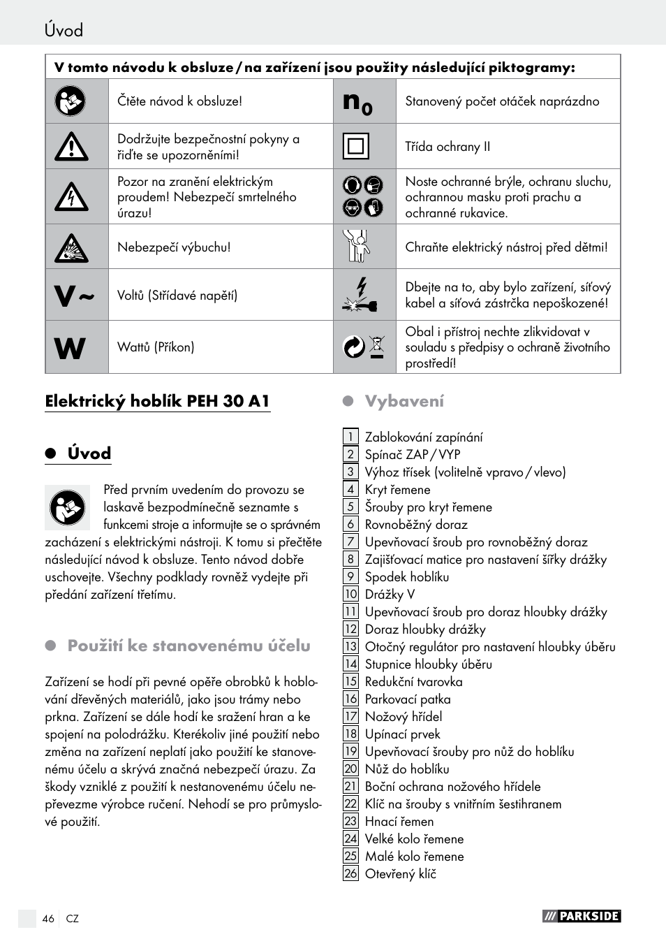 Elektrický hoblík peh 30 a1, Úvod, Použití ke stanovenému účelu | Vybavení | Parkside PEH 30 A1 User Manual | Page 46 / 75