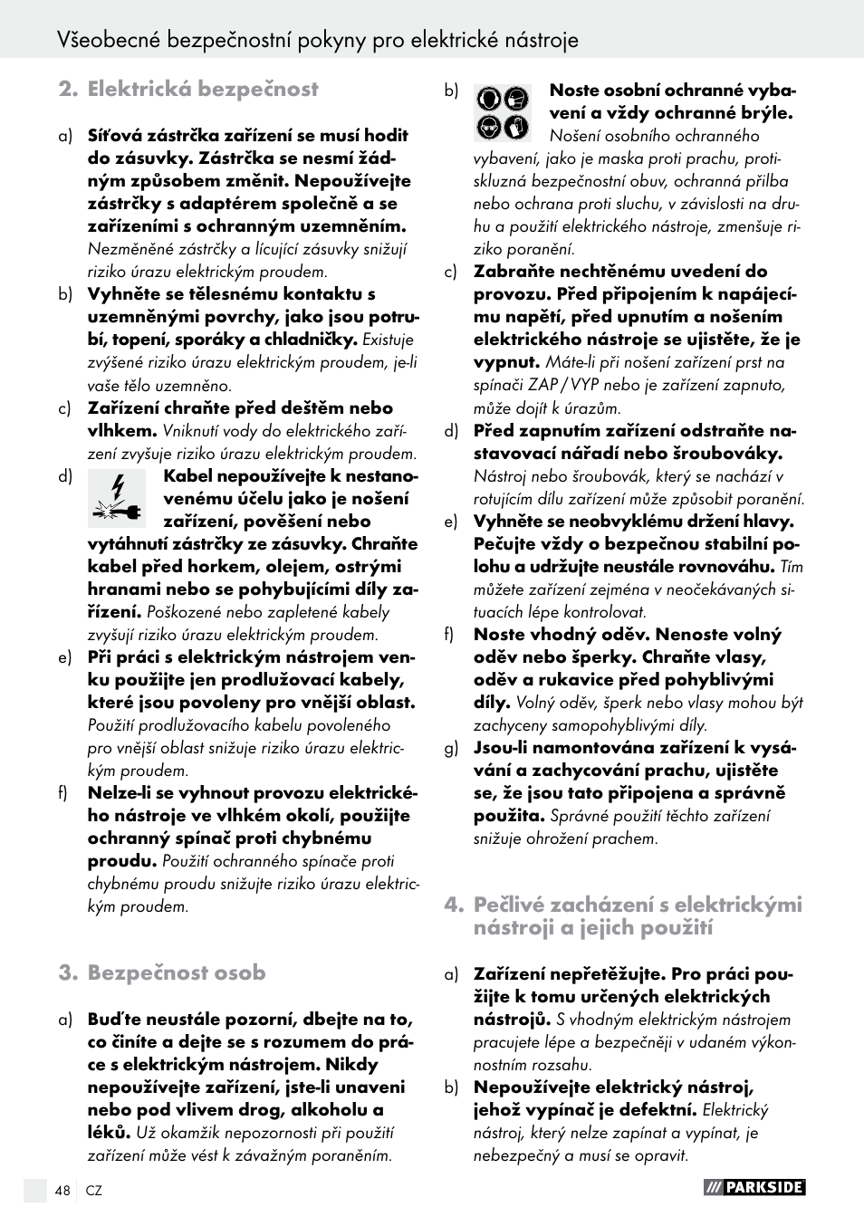 Elektrická bezpečnost, Bezpečnost osob | Parkside PEH 30 A1 User Manual | Page 48 / 75