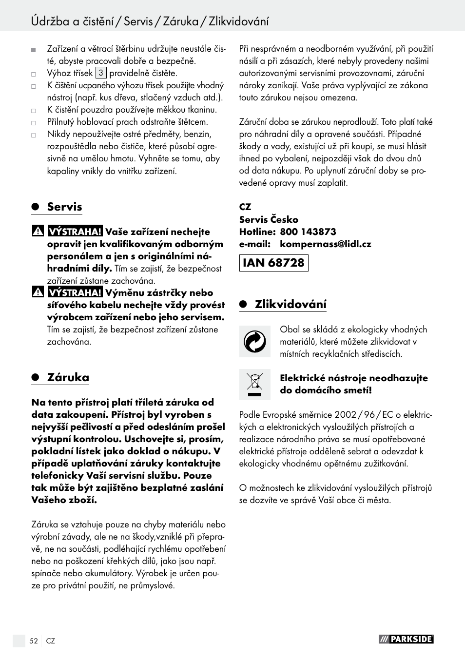 Servis, Záruka, Zlikvidování | Parkside PEH 30 A1 User Manual | Page 52 / 75