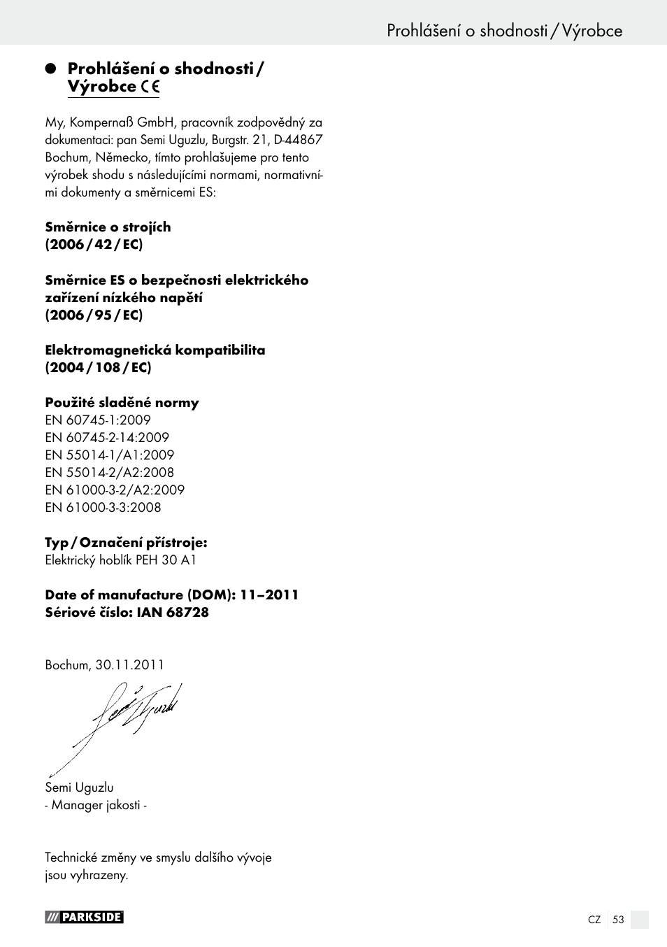 Prohlášení o shodnosti / výrobce, Údržba a čistění / servis / záruka / zlikvidování | Parkside PEH 30 A1 User Manual | Page 53 / 75