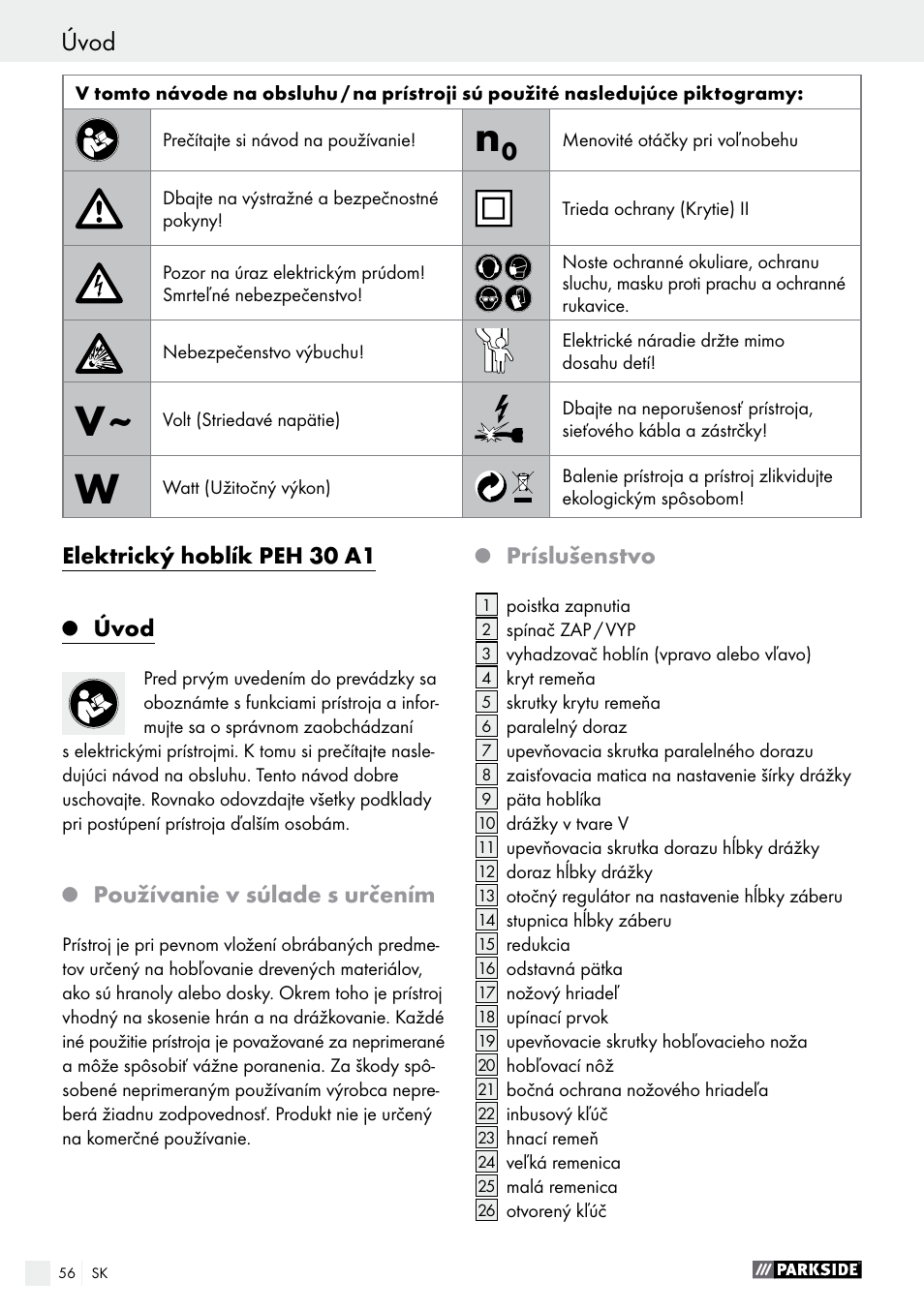 Elektrický hoblík peh 30 a1, Úvod, Používanie v súlade s určením | Príslušenstvo | Parkside PEH 30 A1 User Manual | Page 56 / 75