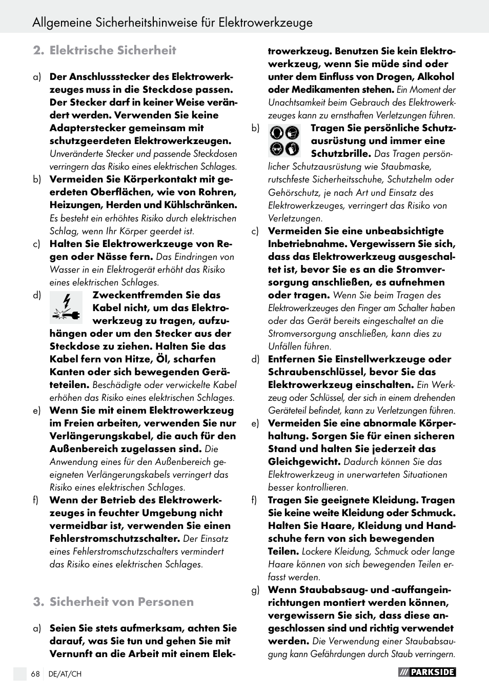 Elektrische sicherheit, Sicherheit von personen | Parkside PEH 30 A1 User Manual | Page 68 / 75